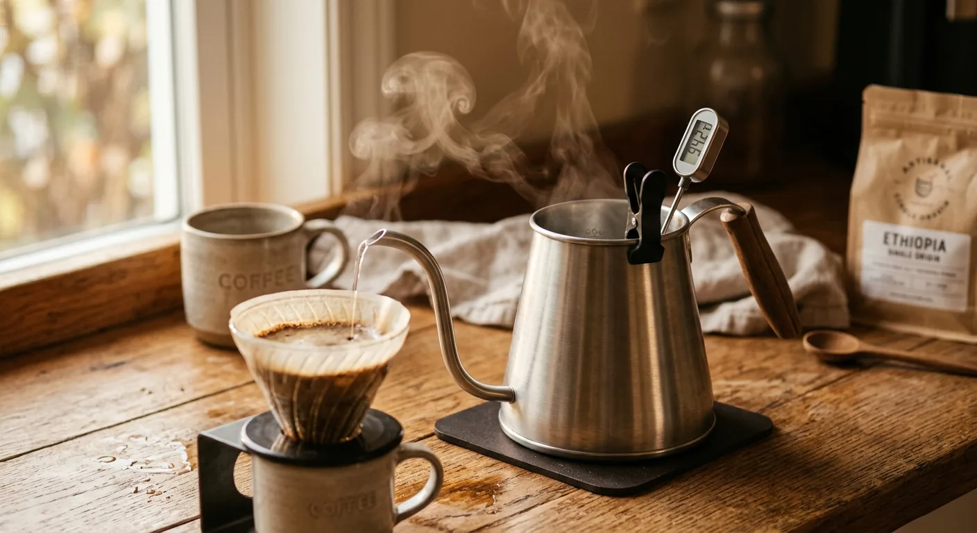 Digital thermometer resting on a gooseneck kettle with steam rising, showing water near 205 degrees Fahrenheit