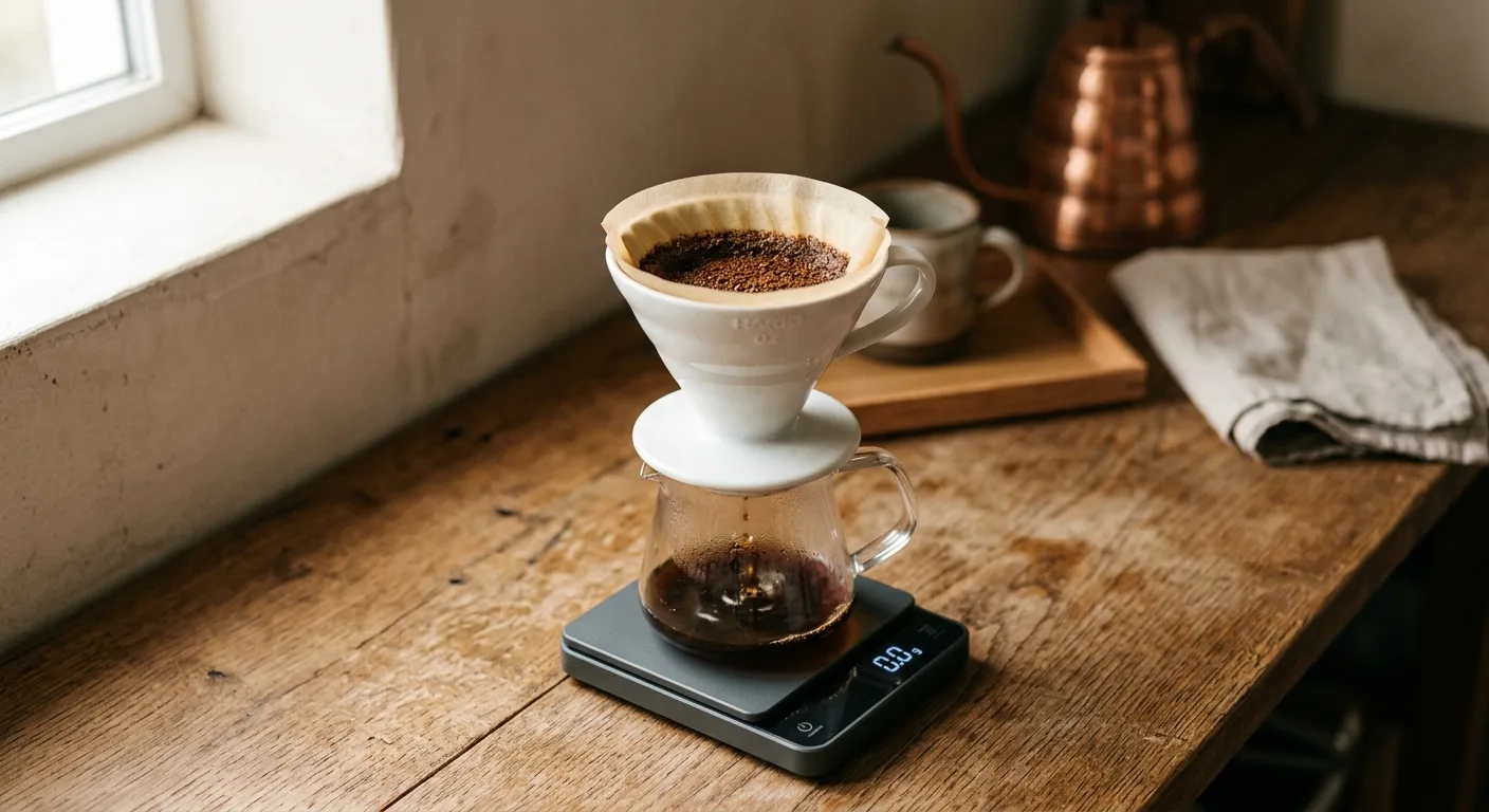 Kitchen scale displaying grams with freshly ground coffee in a pour-over dripper beside a glass carafe