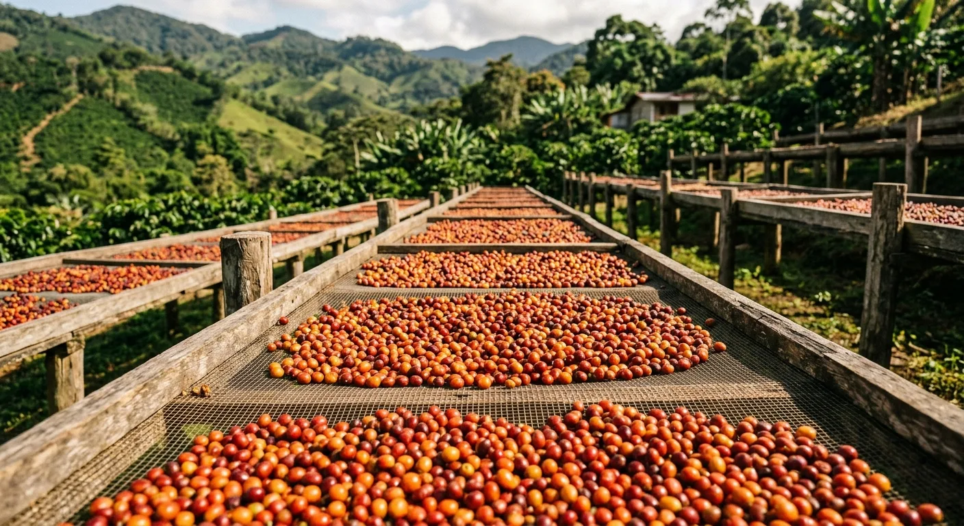 Ripe red coffee cherries drying on raised mesh beds in full sun
