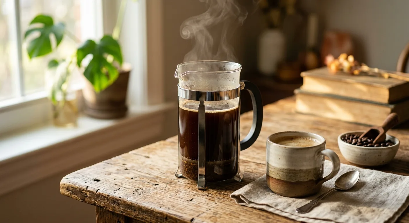 Freshly pressed French press coffee being poured into a ceramic mug on a wooden surface