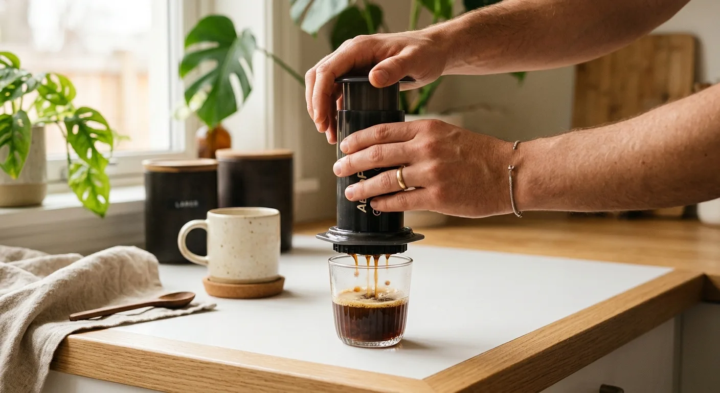 AeroPress brewer mid-press over a small glass cup on a kitchen counter