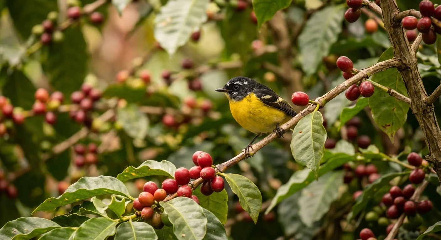 A brightly colored migratory warbler perched among coffee plant leaves with ripe red coffee cherries nearby