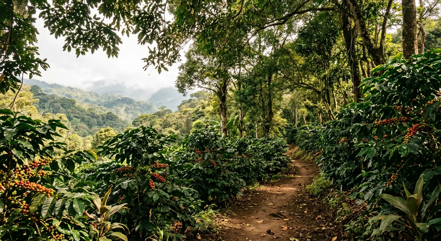 Rows of coffee plants growing beneath a dense mixed-tree canopy on a shade-grown farm in Central America
