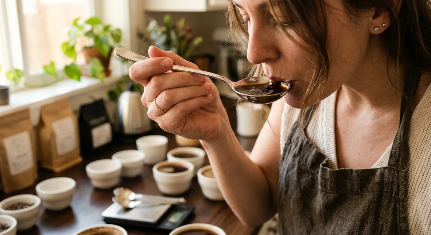 Person slurping coffee from a cupping spoon during a home tasting session