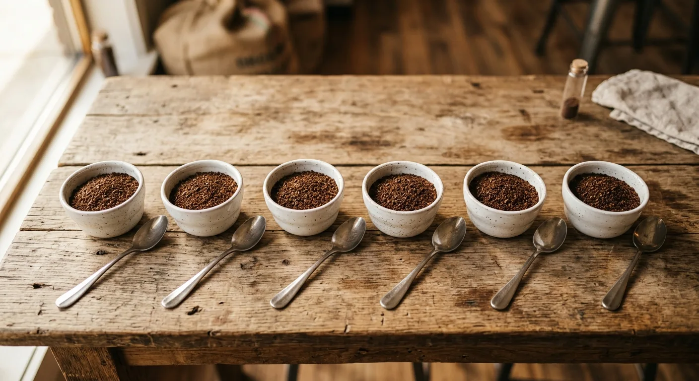 Rows of small cups filled with freshly ground coffee ready for a cupping session on a wooden table