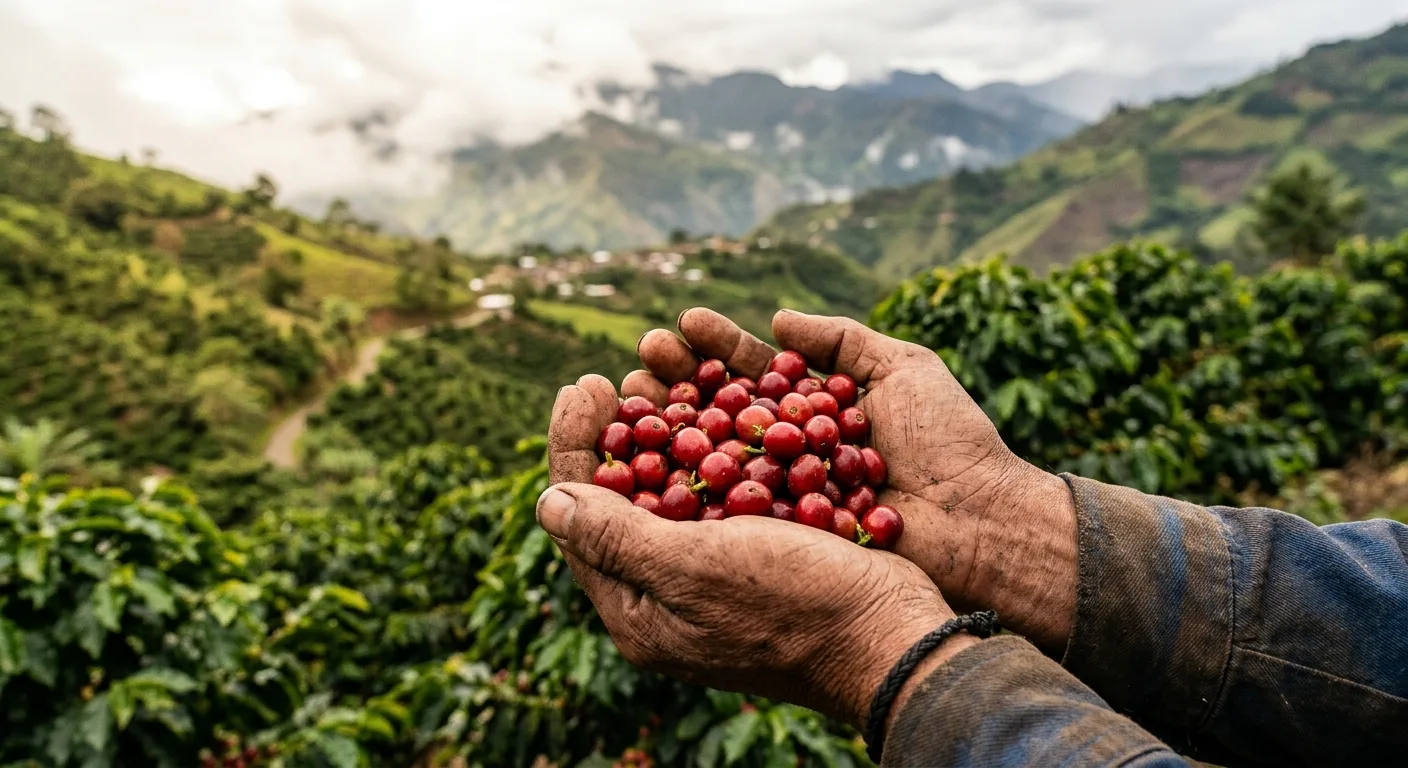 Hands holding freshly harvested red coffee cherries with a mountain landscape in the background
