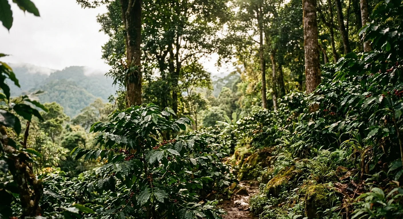 Dense rainforest canopy in a tropical coffee-growing region with filtered light reaching the forest floor