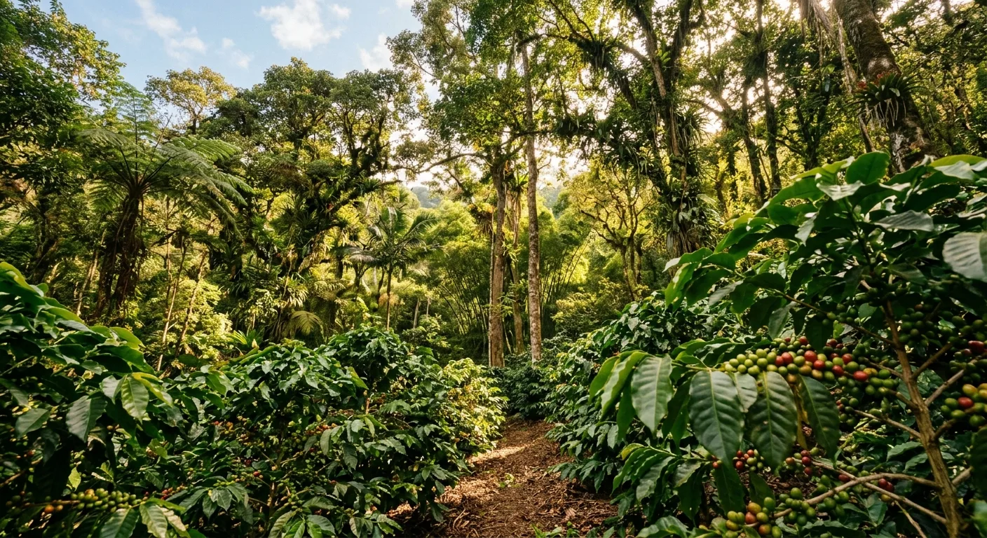 Dense forest canopy above a shade-grown coffee farm in a tropical highland region