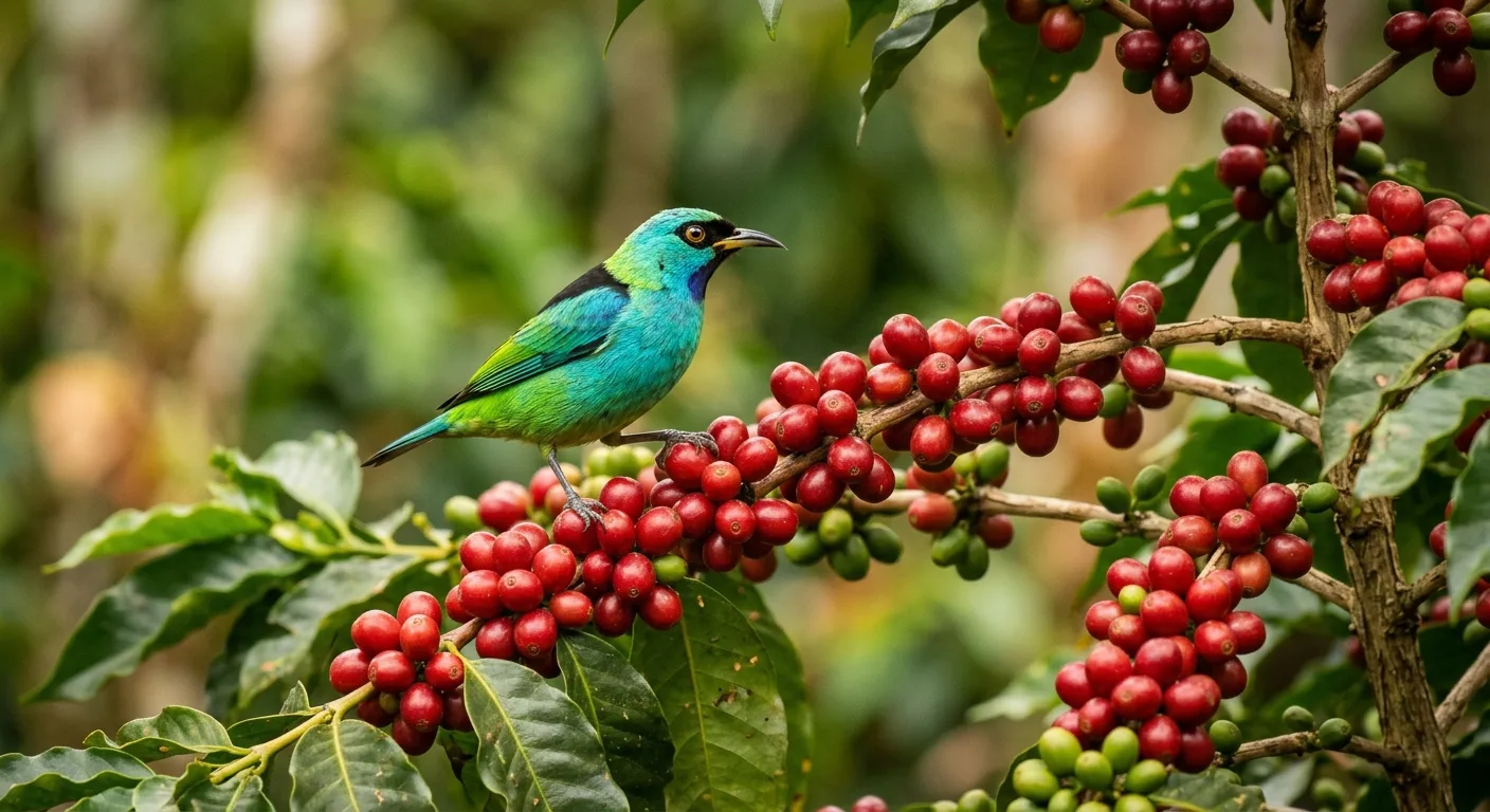 Colorful tropical bird perched on a coffee branch with ripe red coffee cherries