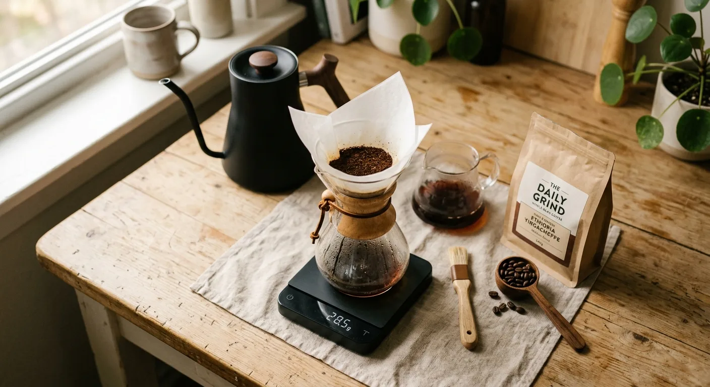 Pour-over dripper, kettle, scale, and whole bean coffee arranged on a wooden kitchen counter