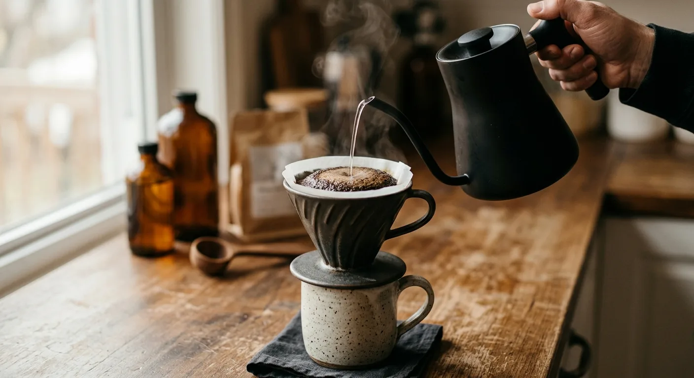 Slow circular water pour over blooming coffee grounds in a Hario V60 dripper