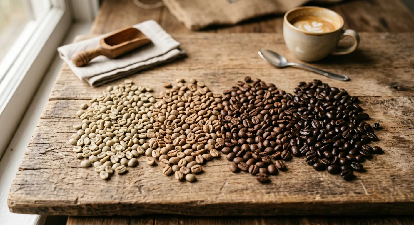 Green and roasted coffee beans side by side showing color and size differences across roast levels