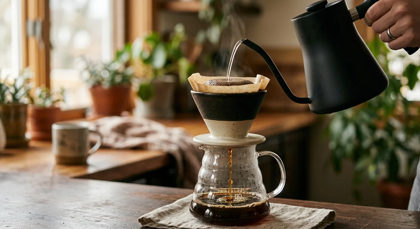 Pour-over coffee being brewed slowly into a glass carafe on a wooden countertop