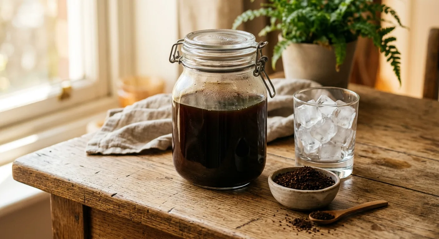 Glass mason jar of cold brew coffee concentrate next to fresh coffee grounds and ice