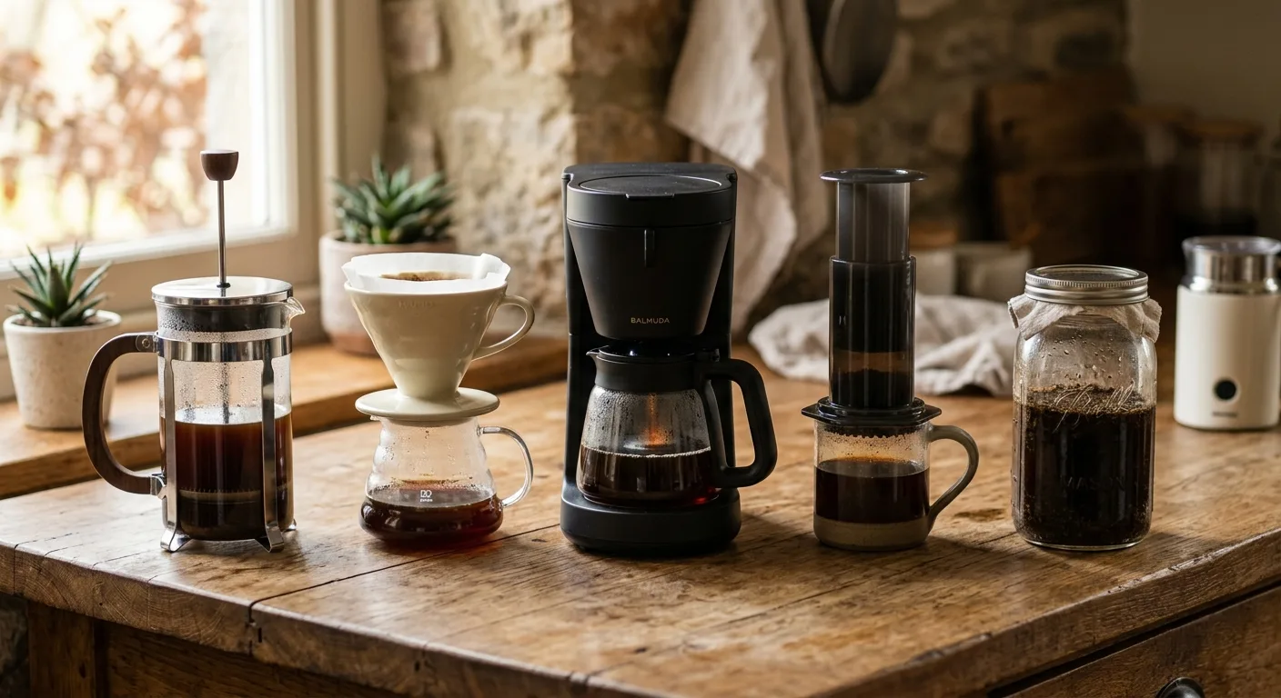 Five different coffee brewing setups arranged on a wooden kitchen countertop