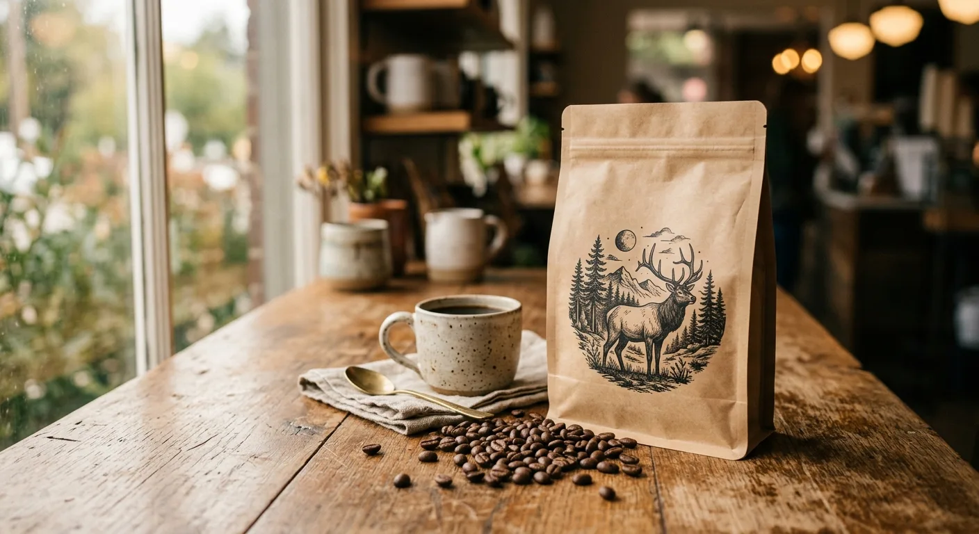 Diving Moose Coffee bag next to a WWF panda logo on a wooden table with coffee beans scattered around it