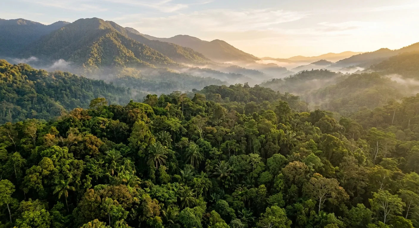 Dense green tropical forest canopy viewed from above, the kind of biodiverse habitat where Arabica coffee grows and wildlife thrives