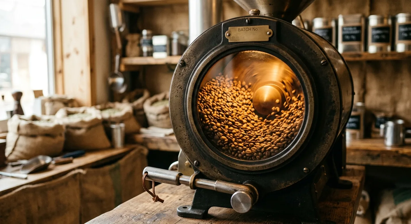 Small-batch coffee roasting in a drum roaster with golden-brown beans visible