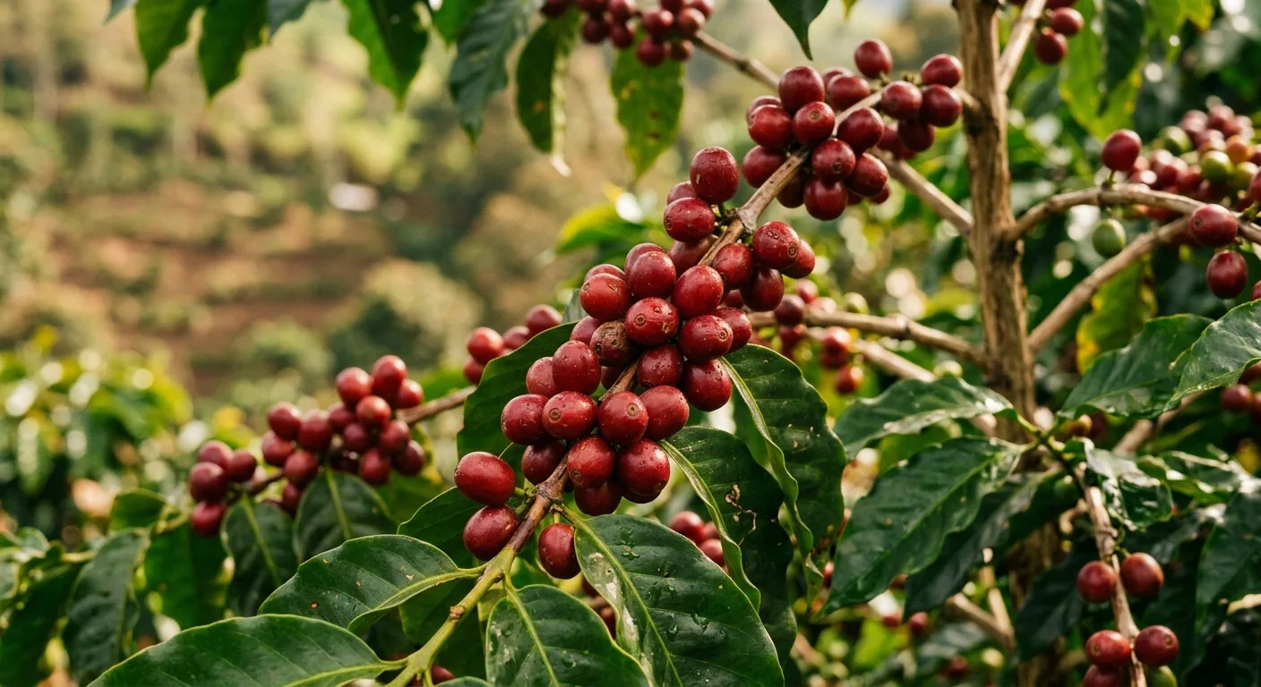 Ripe red coffee cherries on a branch at a high-altitude farm