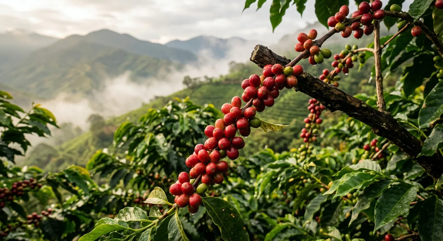 Ripe red coffee cherries ready for harvest on a farm in a high-altitude growing region