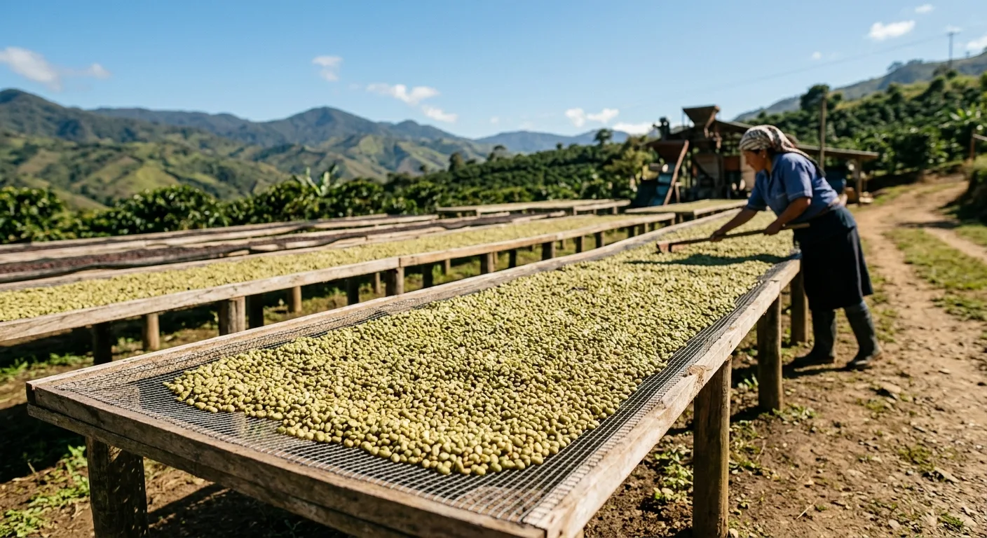 Green coffee beans laid out on a raised drying bed in a sunny coffee-producing region