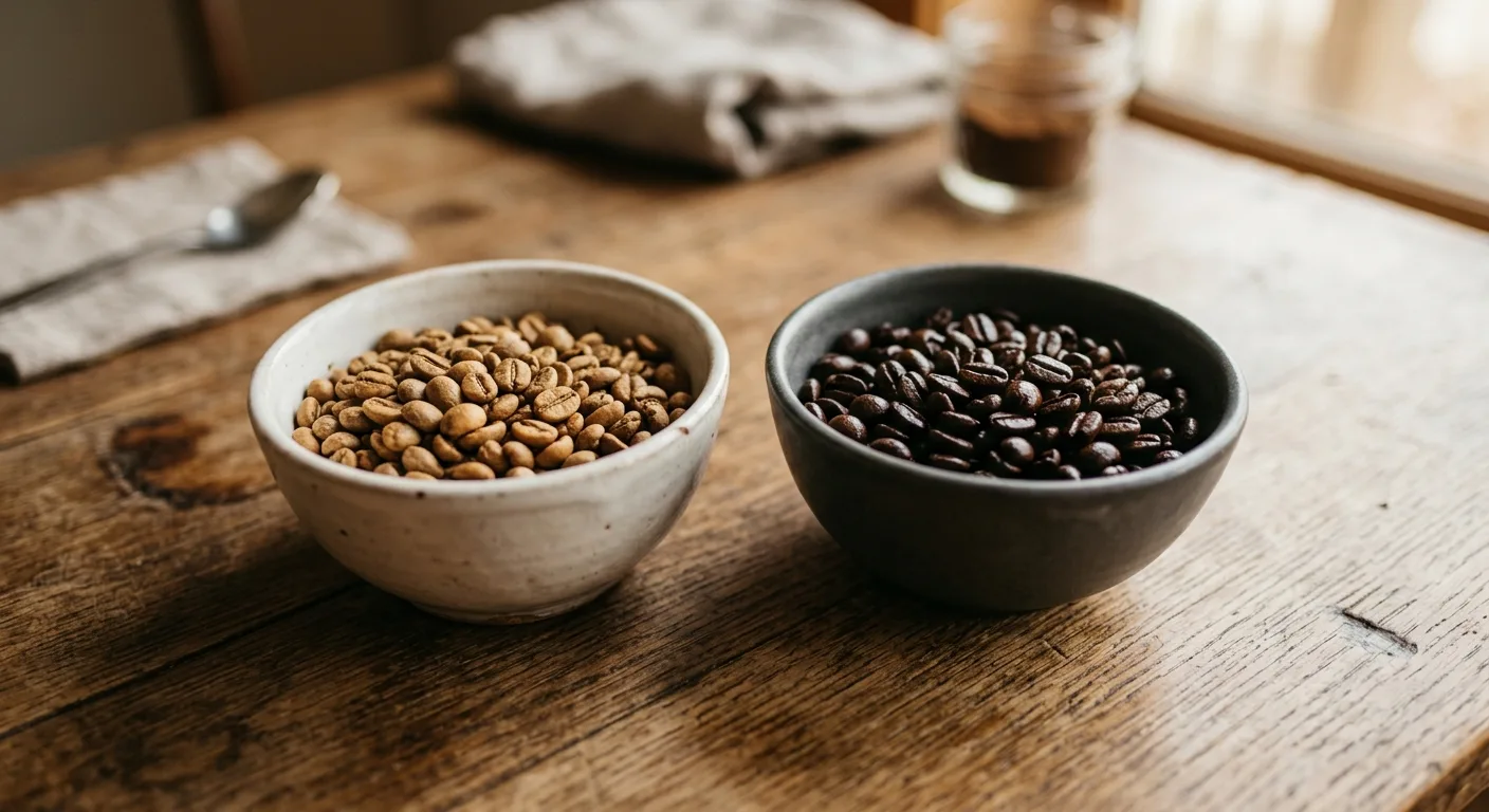 Side-by-side view of light and dark roasted coffee beans on a wooden tray