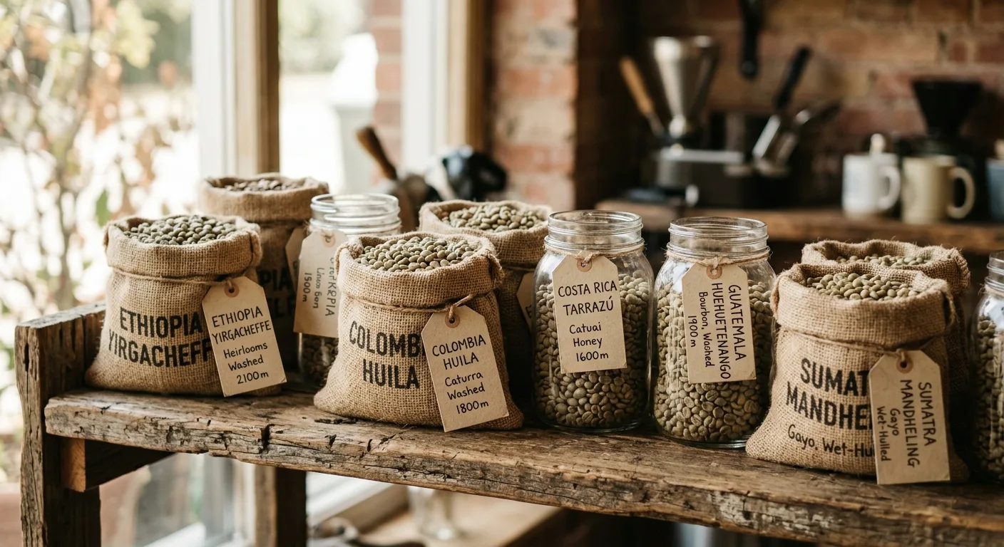 Glass jars of single-origin green coffee beans labeled by region on a wooden roastery shelf