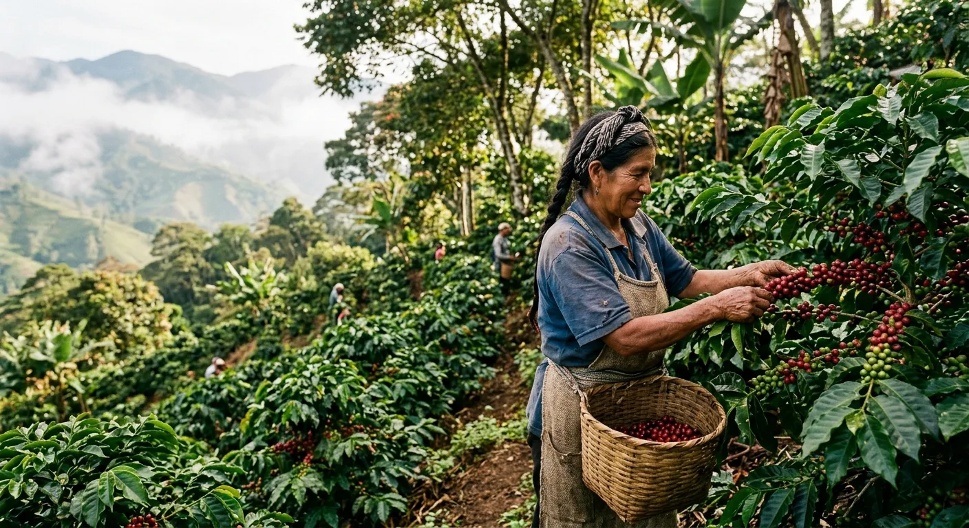 Coffee cherries being hand-picked on a high-altitude farm in a mountainous growing region