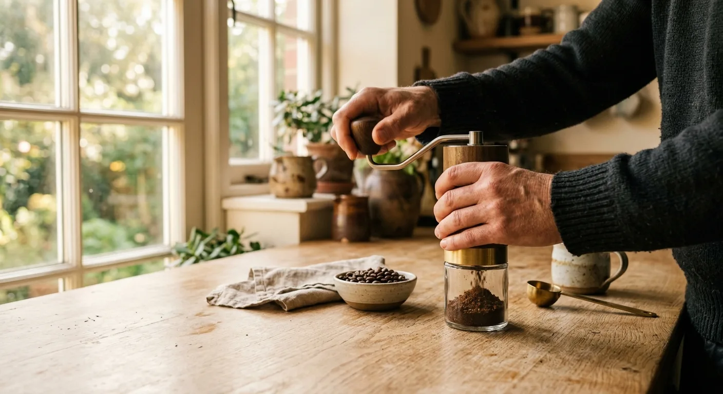 Person grinding whole coffee beans with a burr grinder on a kitchen counter just before brewing