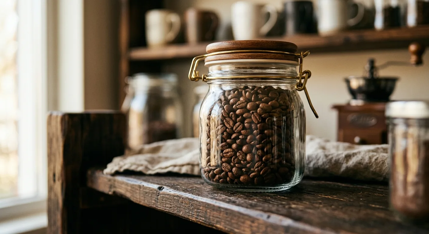 Whole coffee beans stored in a sealed glass jar on a dark wooden shelf