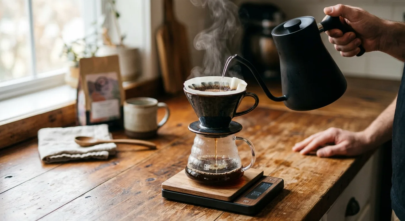 Filtered water being poured from a gooseneck kettle into a pour-over dripper