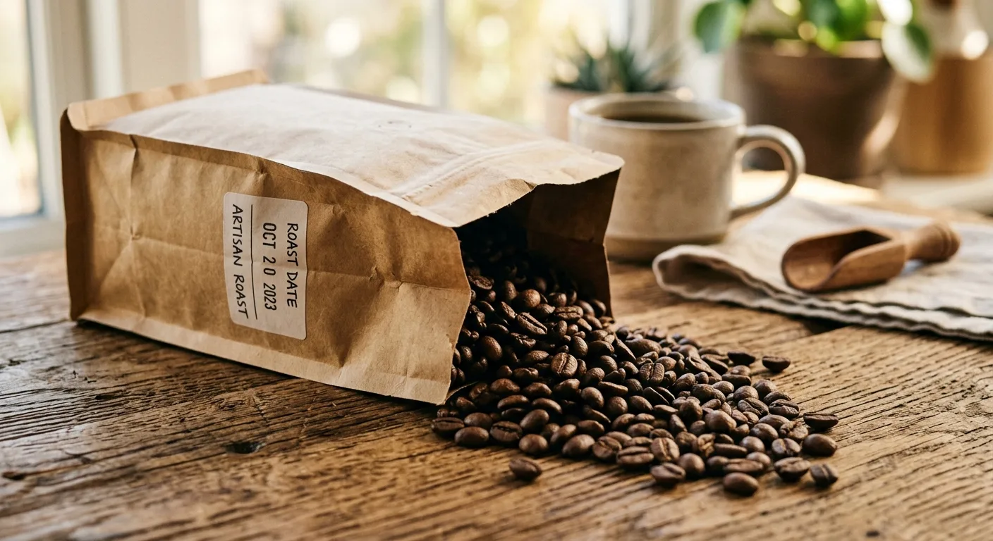 Fresh whole coffee beans in a kraft bag with a visible roast date label