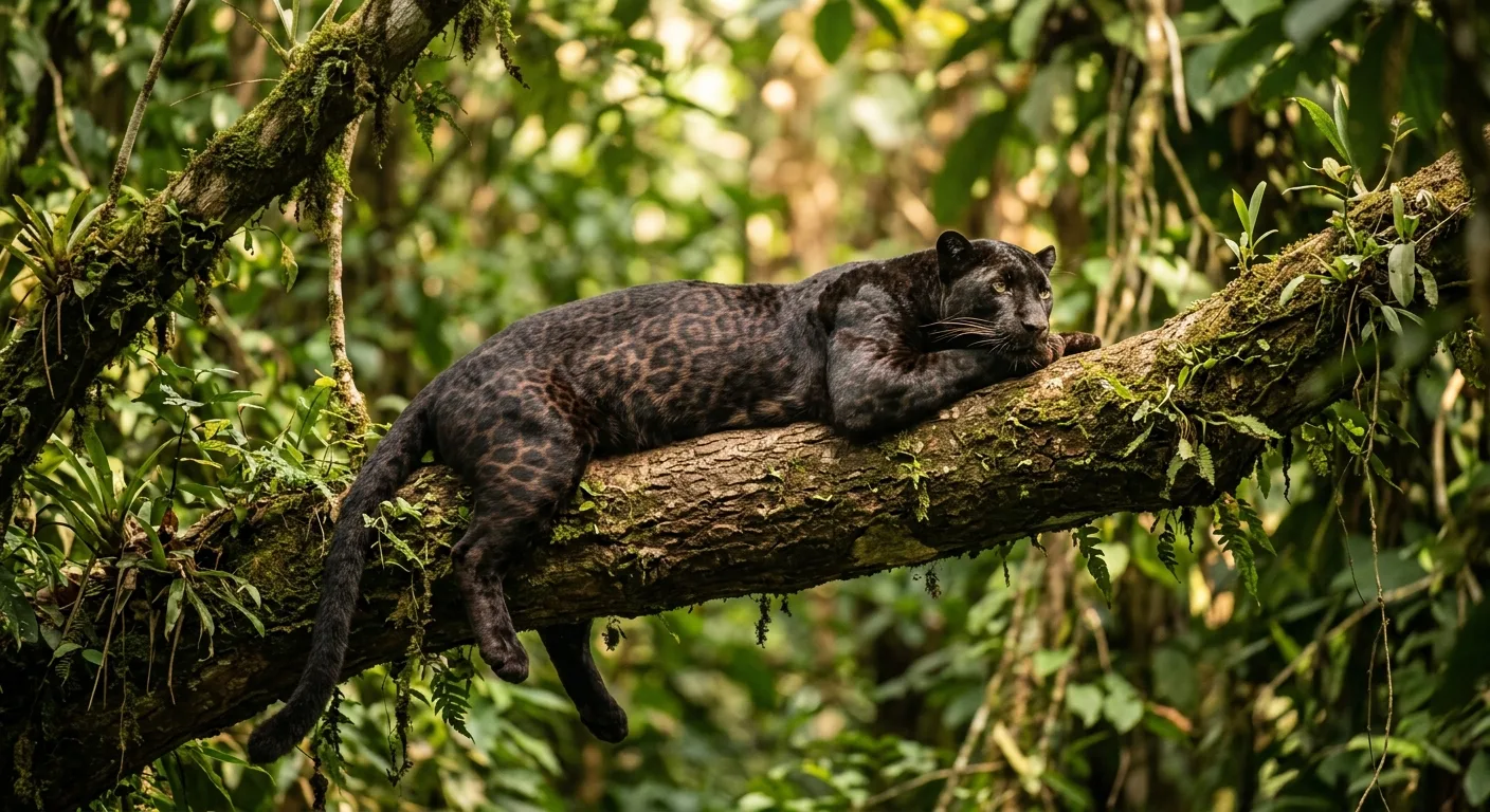 A wild black leopard resting on a tree branch in dense forest