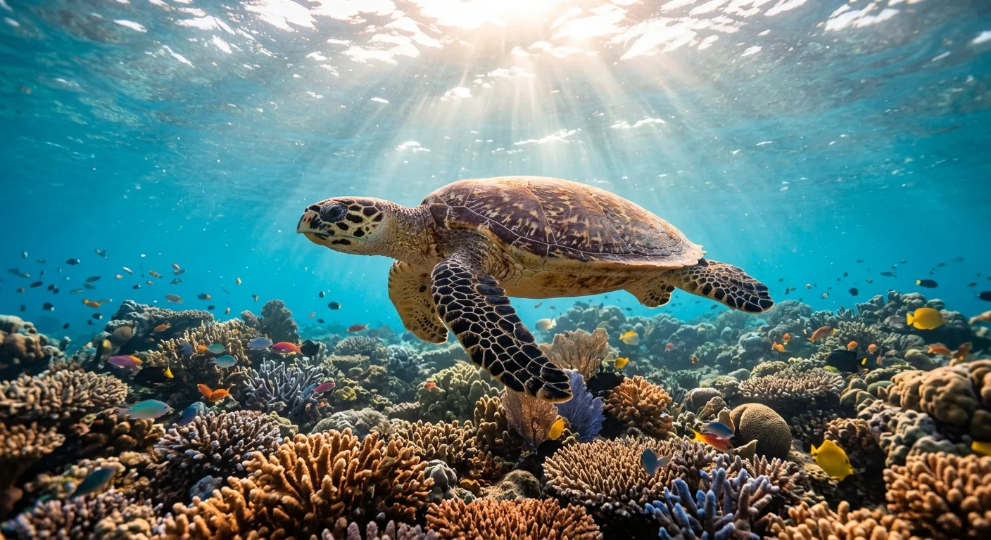 A sea turtle gliding through clear blue ocean water above a coral reef