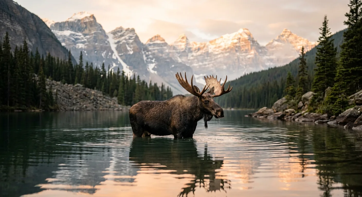 A moose wading into a still glacial lake surrounded by dense evergreen forest