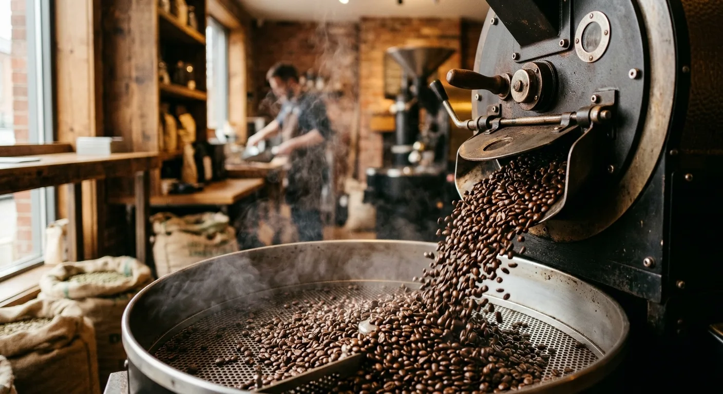 Small batch coffee roasting in a drum roaster with freshly roasted beans