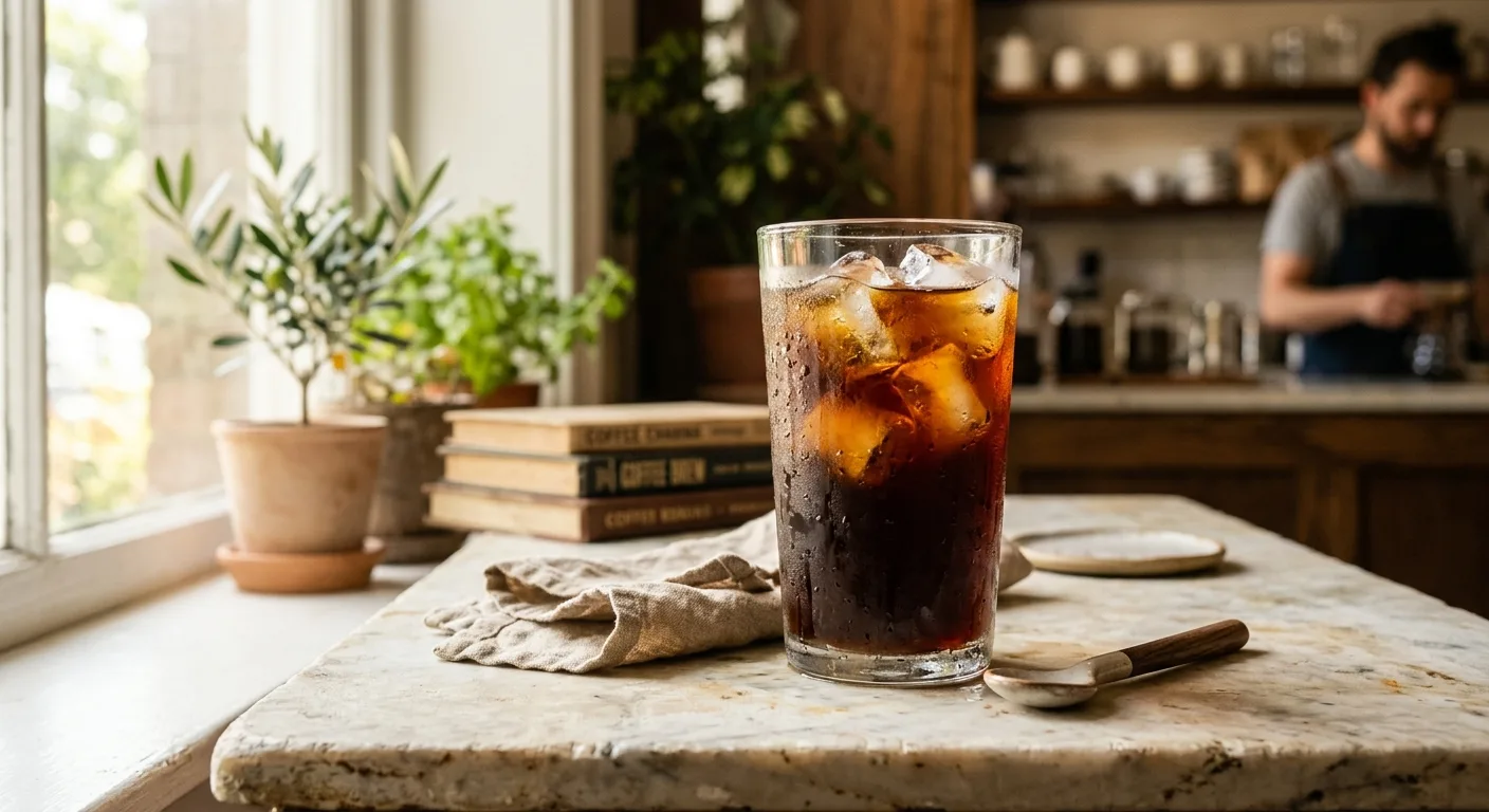 Glass of finished cold brew coffee poured over ice with a dark rich color