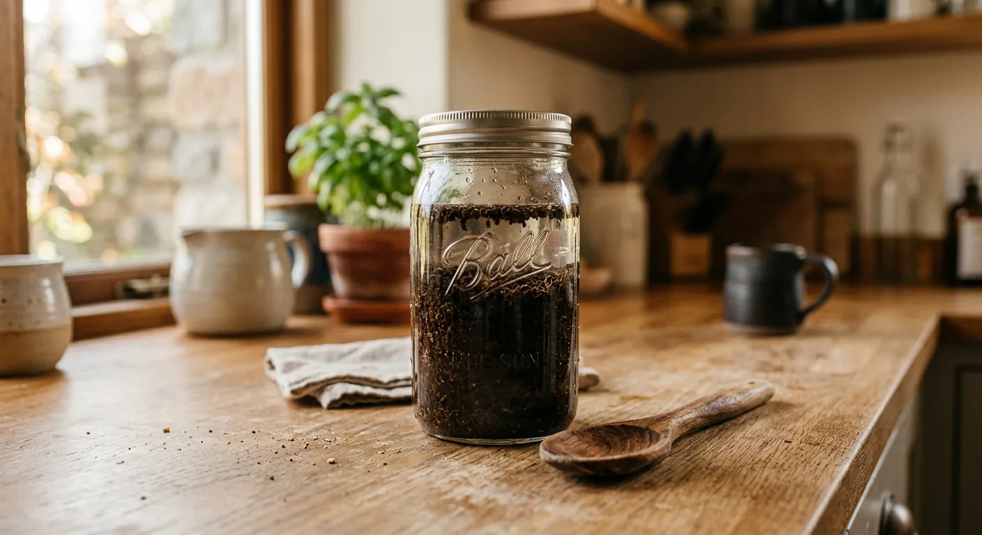Glass jar of cold brew coffee steeping with coarse coffee grounds and cold water
