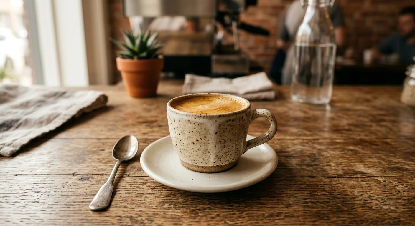 A freshly pulled espresso shot with golden crema in a small ceramic cup