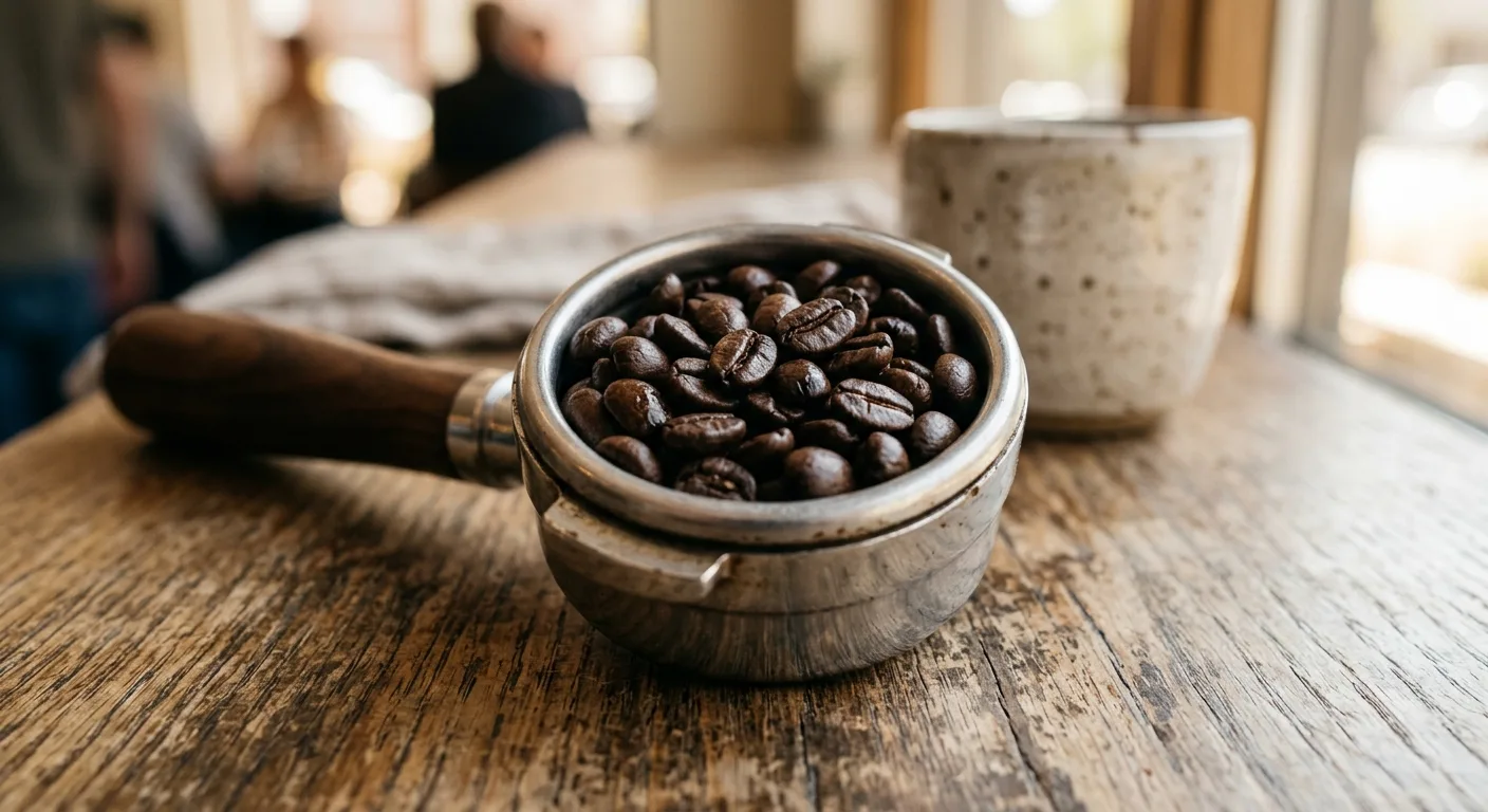 Whole espresso beans in a portafilter basket ready for tamping