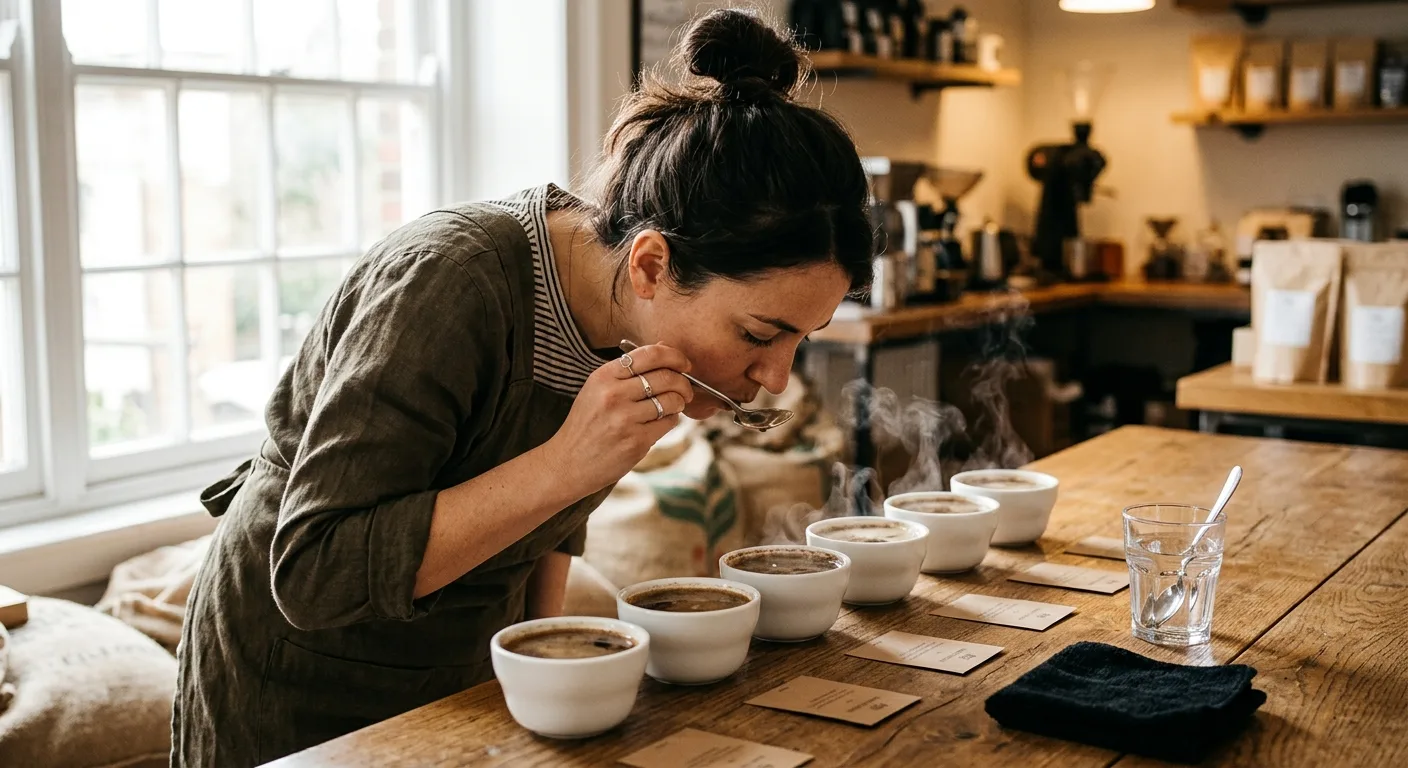 Licensed Q Grader cupping and scoring green coffee samples on a cupping table
