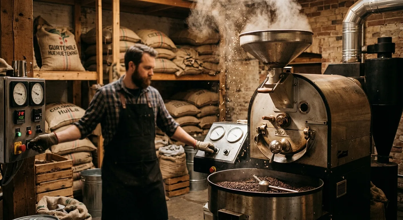 Small batch coffee roaster in a Georgia roastery with beans mid-roast
