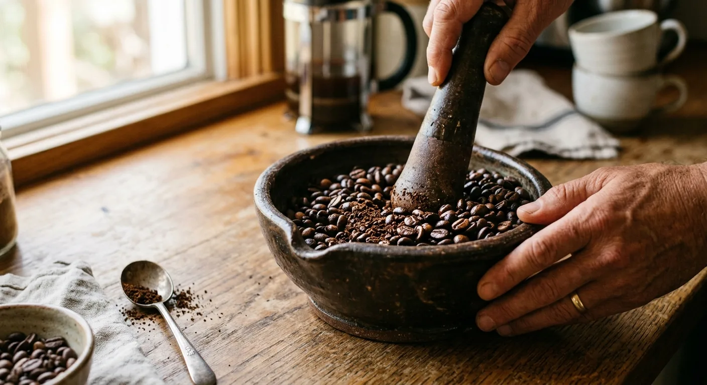 Whole coffee beans in a ceramic mortar with a wooden pestle on a kitchen counter