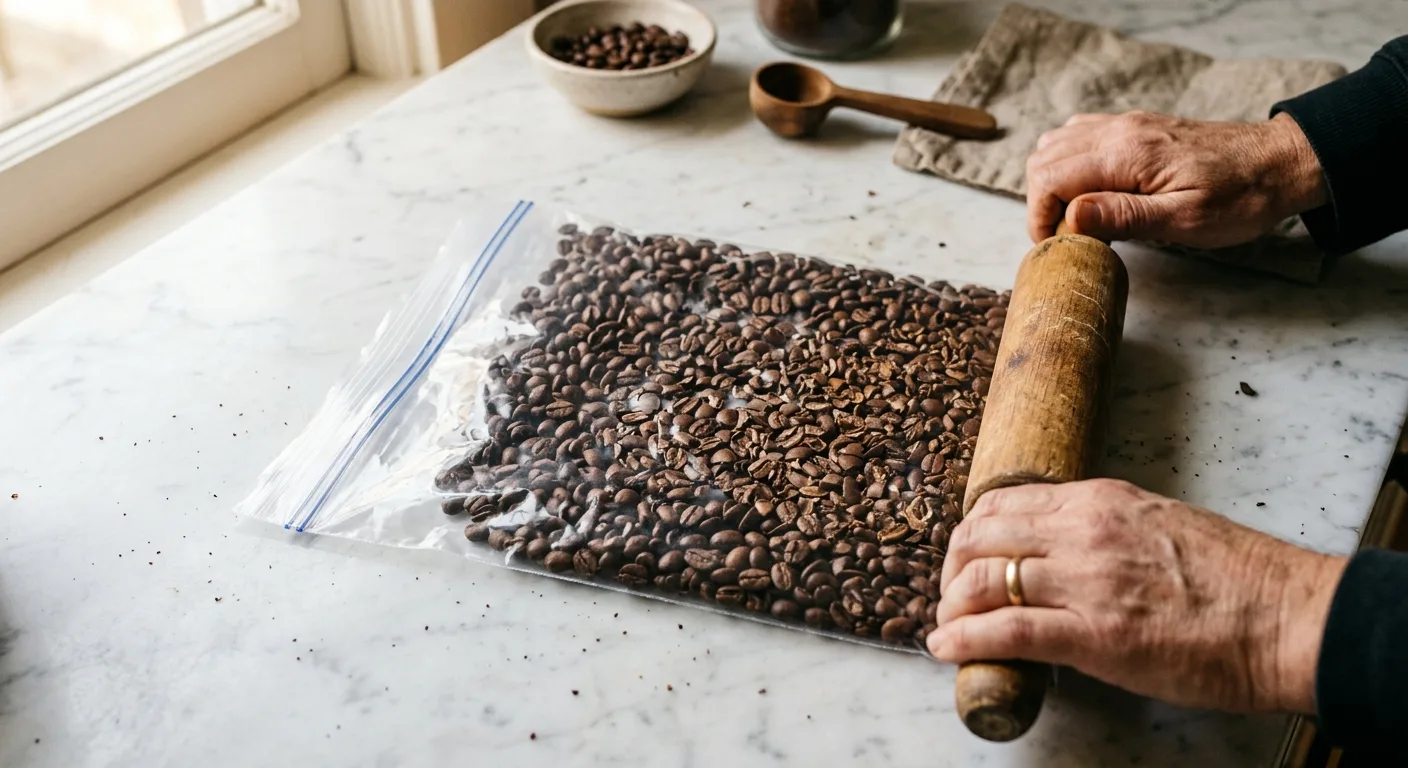 Coffee beans inside a sealed zip-lock bag being crushed with a wooden rolling pin on a marble surface