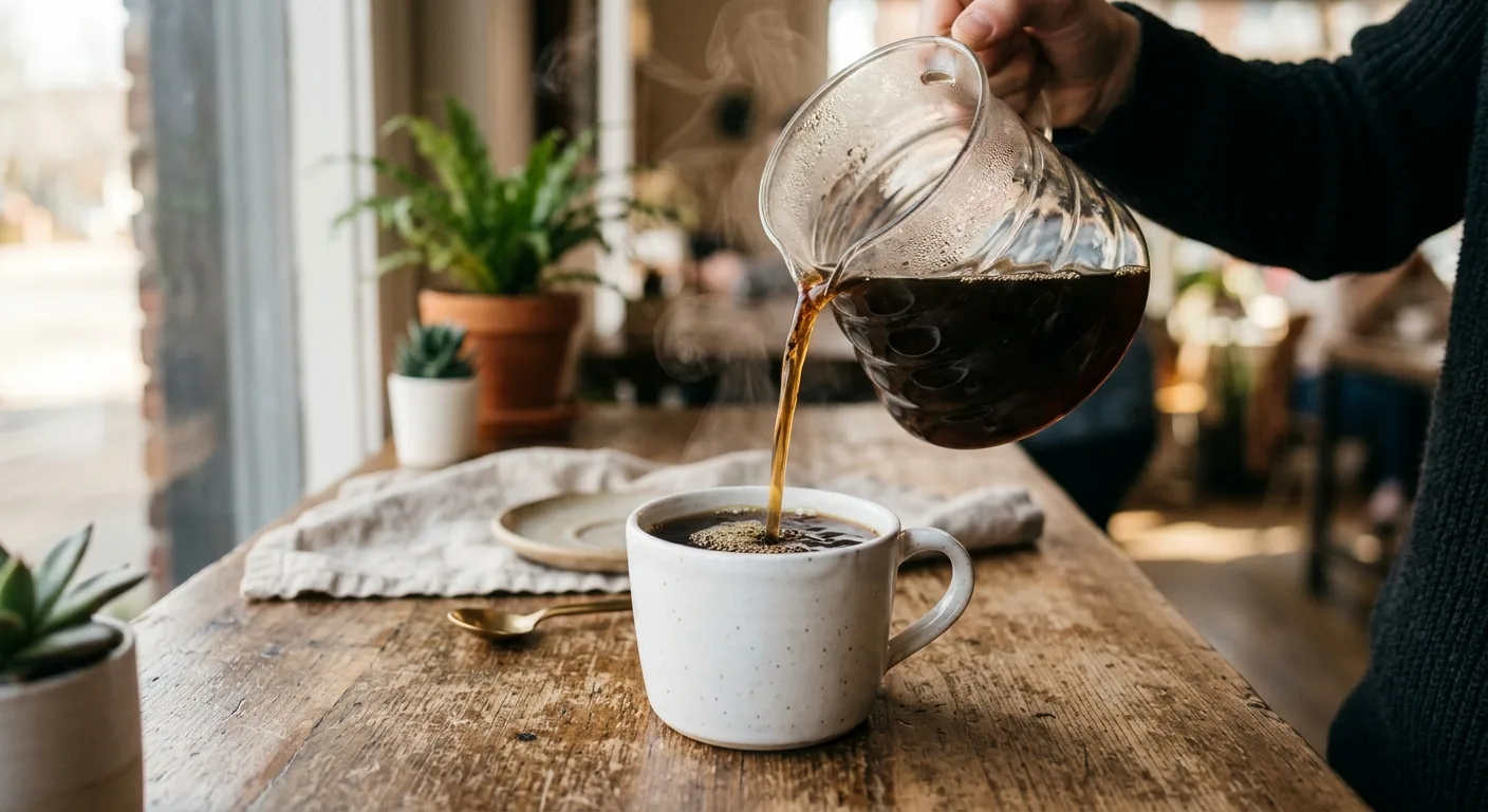 A freshly brewed drip coffee pouring into a white ceramic mug on a wooden kitchen counter