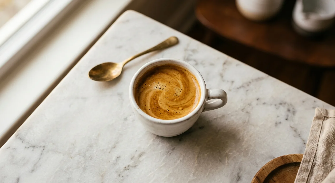 A double shot of espresso in a small ceramic cup with golden crema on top, on a marble surface