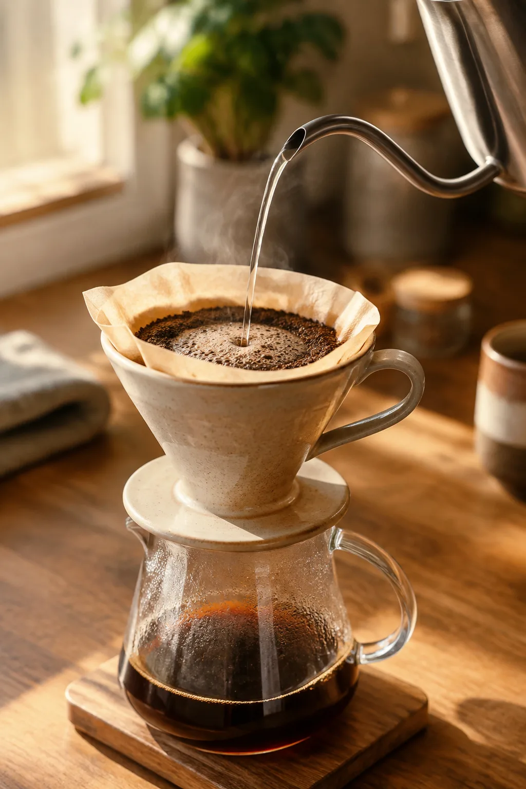 Hands pouring hot water over fresh coffee grounds in a ceramic pour-over dripper on a kitchen counter