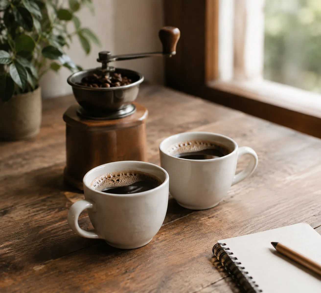 Two cups of coffee and a hand grinder on a table for comparing brews